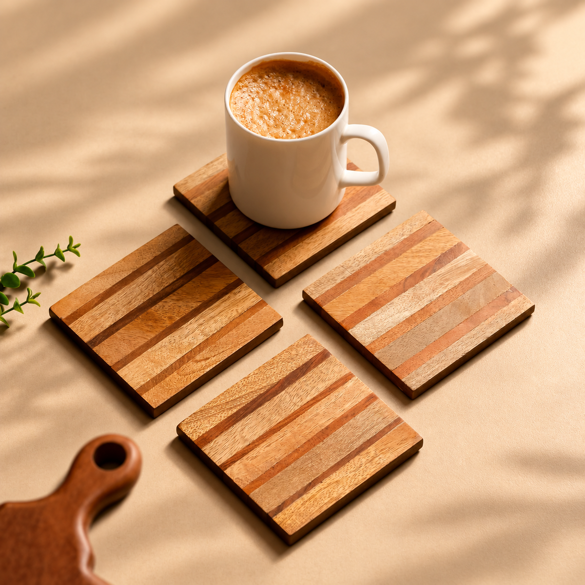Set of 4 Multi-Tone Wooden Square Coasters for Coffee Table & Office