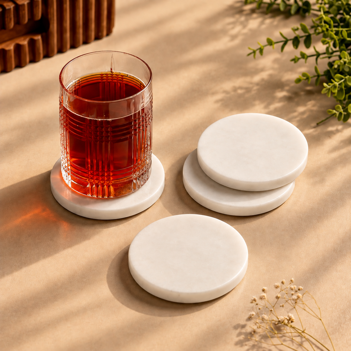 White Marble Round Coaster Set