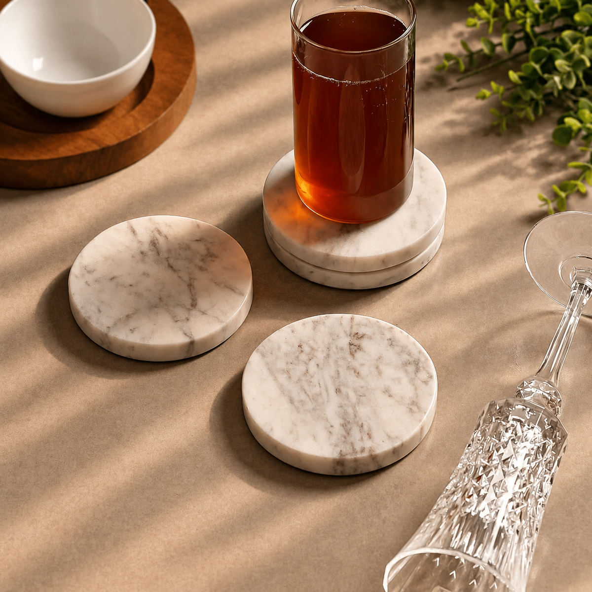 White Marble Coasters with Brass Inlay – Set of 4