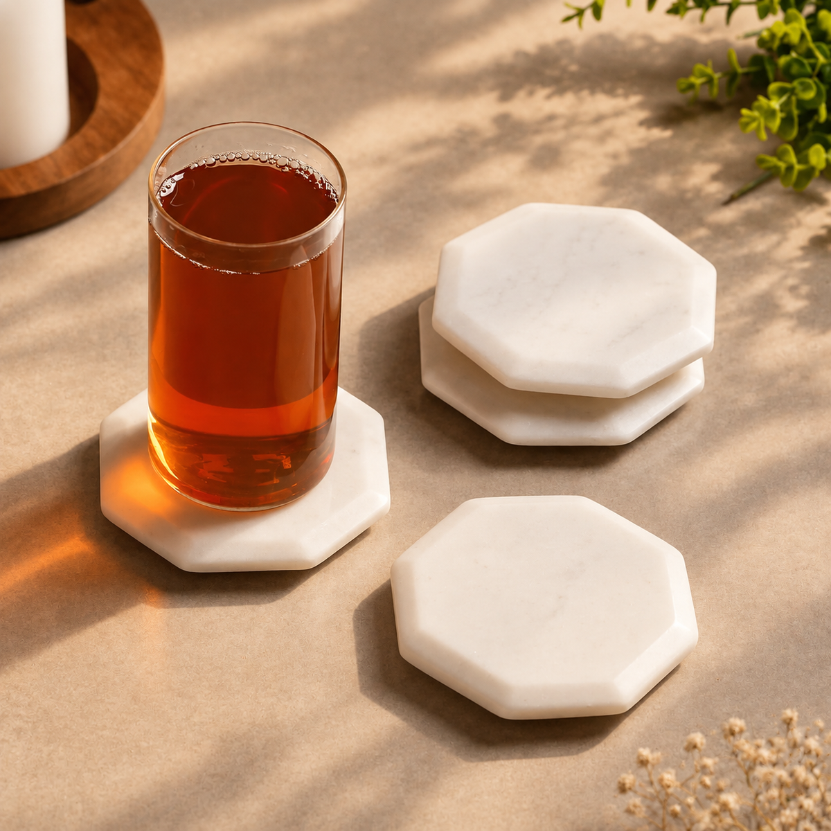 White Marble Octagon Coaster Set