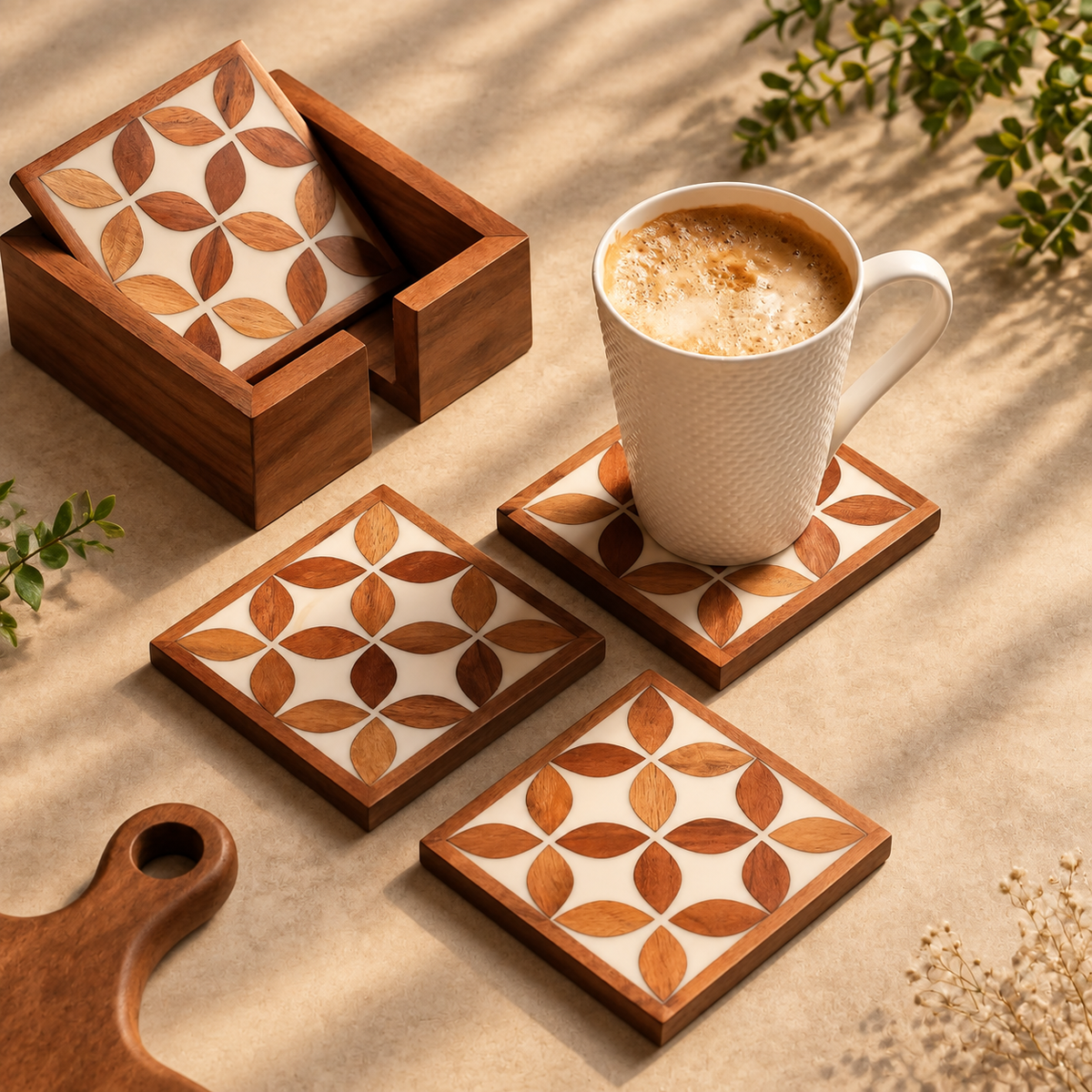 Floral Inlay Resin Coaster Set with Caddy