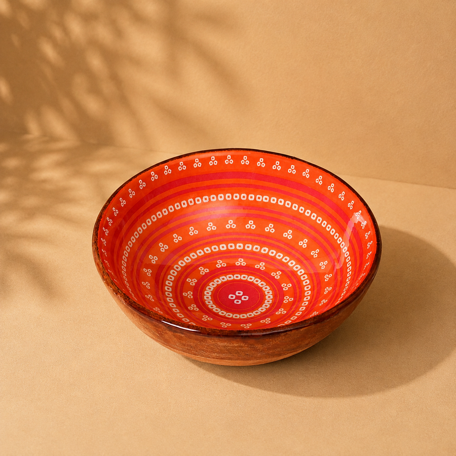 Handcrafted Wooden Serving Bowl with Red Enamel Interior