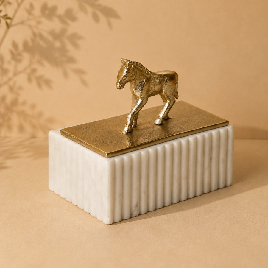 Golden Horse Decorative Box with White Fluted Base
