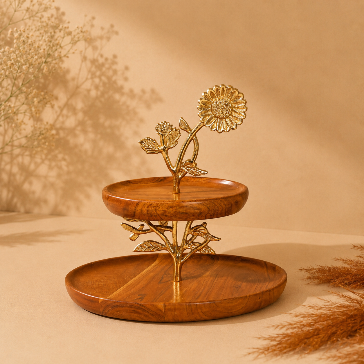 Sunflower 2-Tier Wooden Dessert Stand | Handcrafted Acacia Wood Cake & Serving Stand