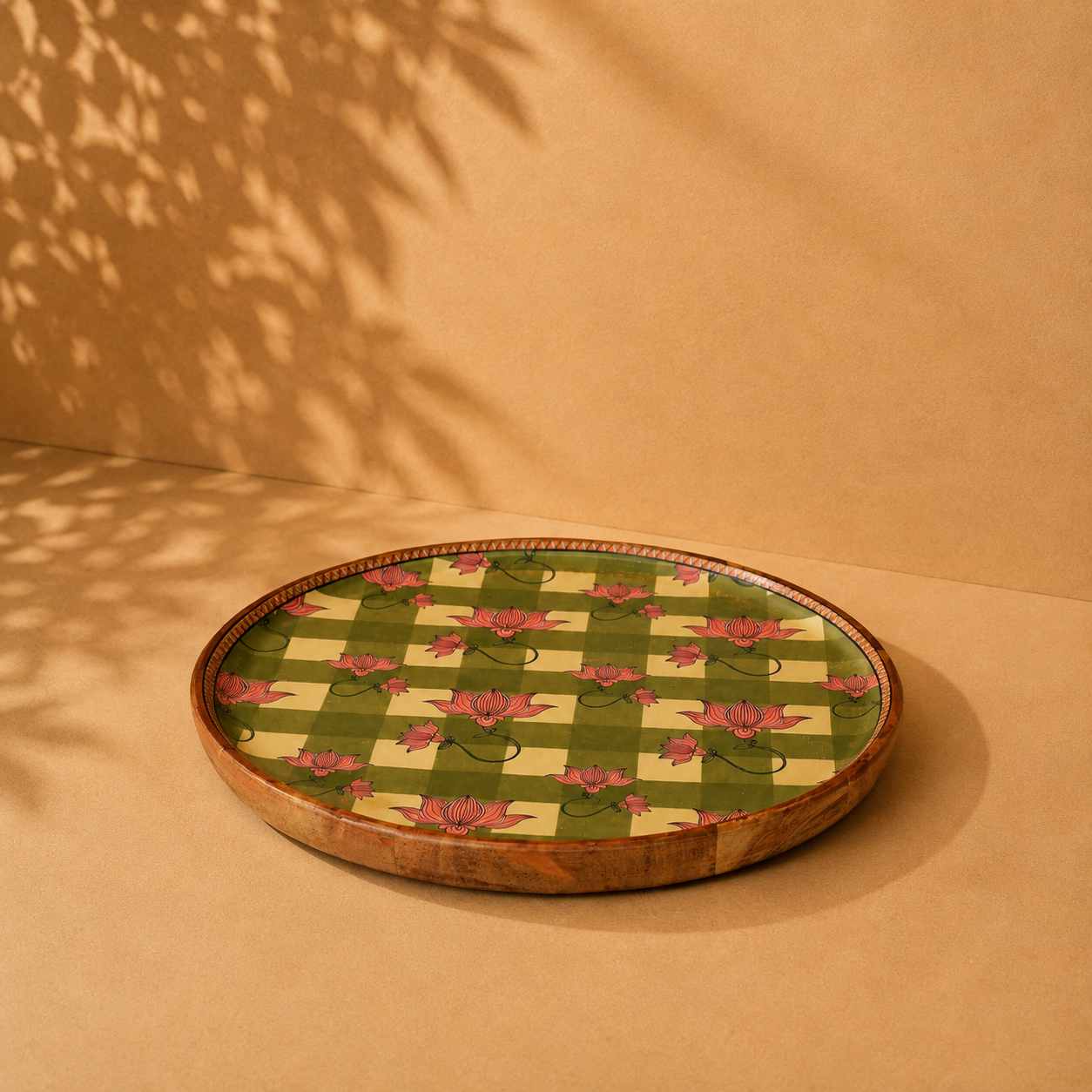Green Lotus Checkered Wooden Serving Tray