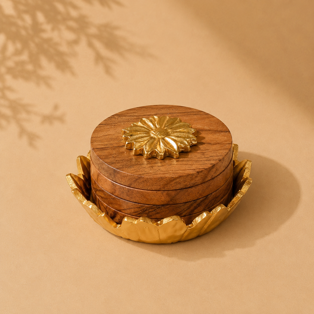 Sunflower Wooden Coaster Set with Caddy | Handcrafted Acacia Wood Table Décor