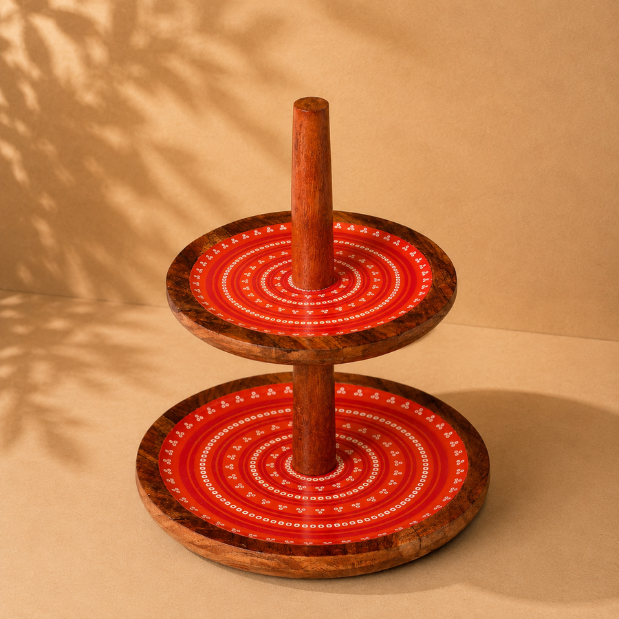 Two-Tier Handcrafted Wooden Serving Stand with Red Enamel Pattern