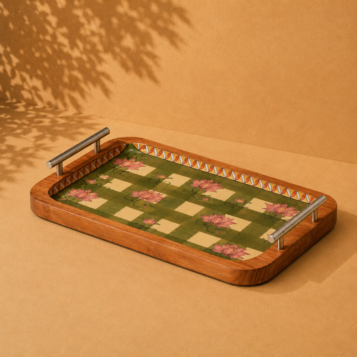 Lotus Checkered Wooden Serving Tray with Metal Handles