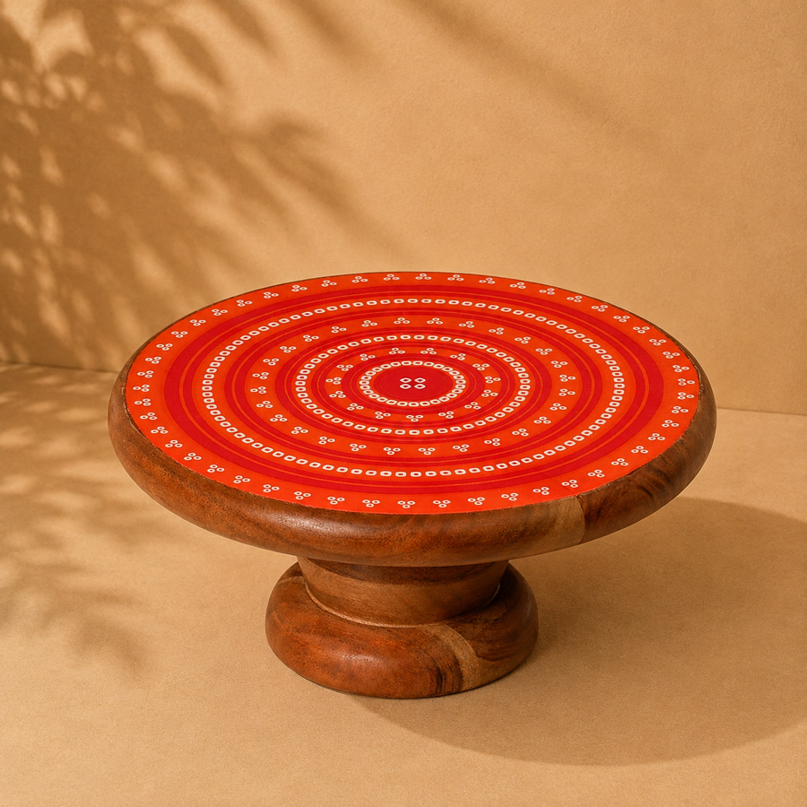 Handcrafted Wooden Pedestal Cake Stand with Red Enamel Pattern