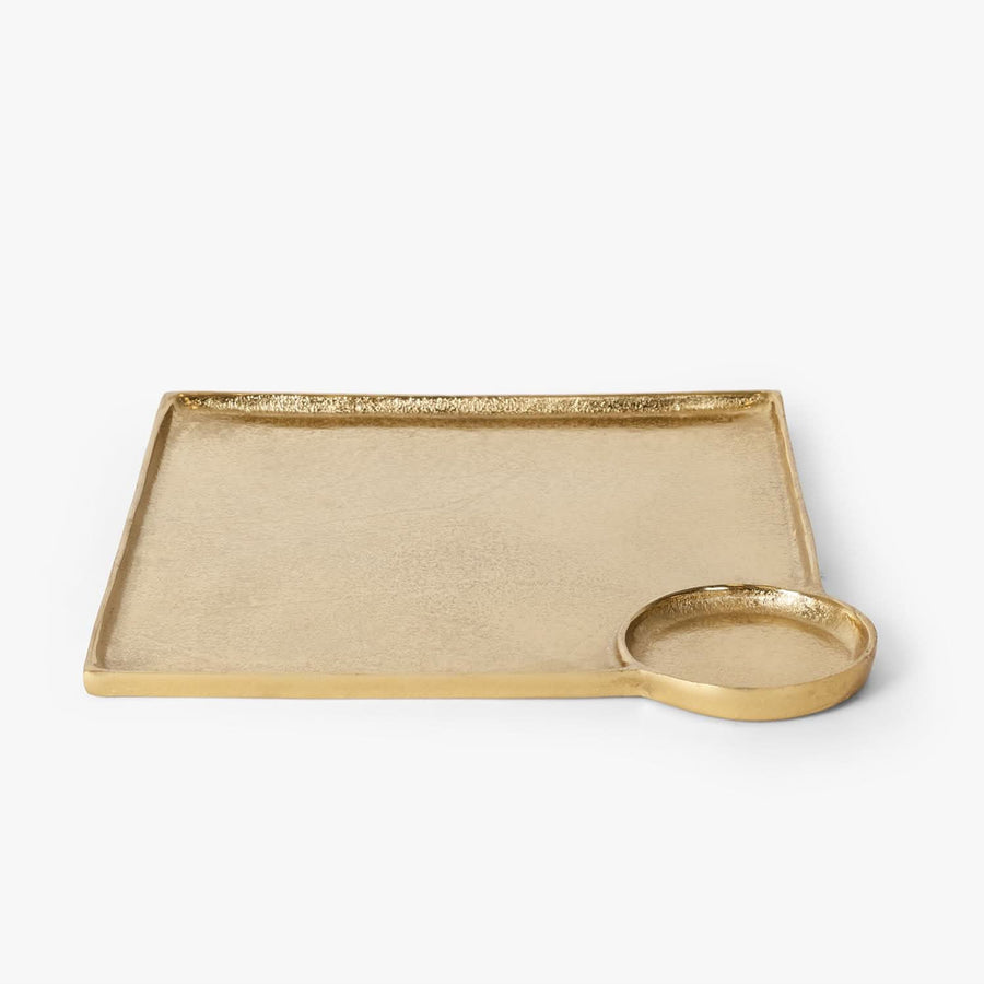 Golden Rectangular Metal Serving Tray with Dip Bowl | Luxury Snack & Coffee Tray