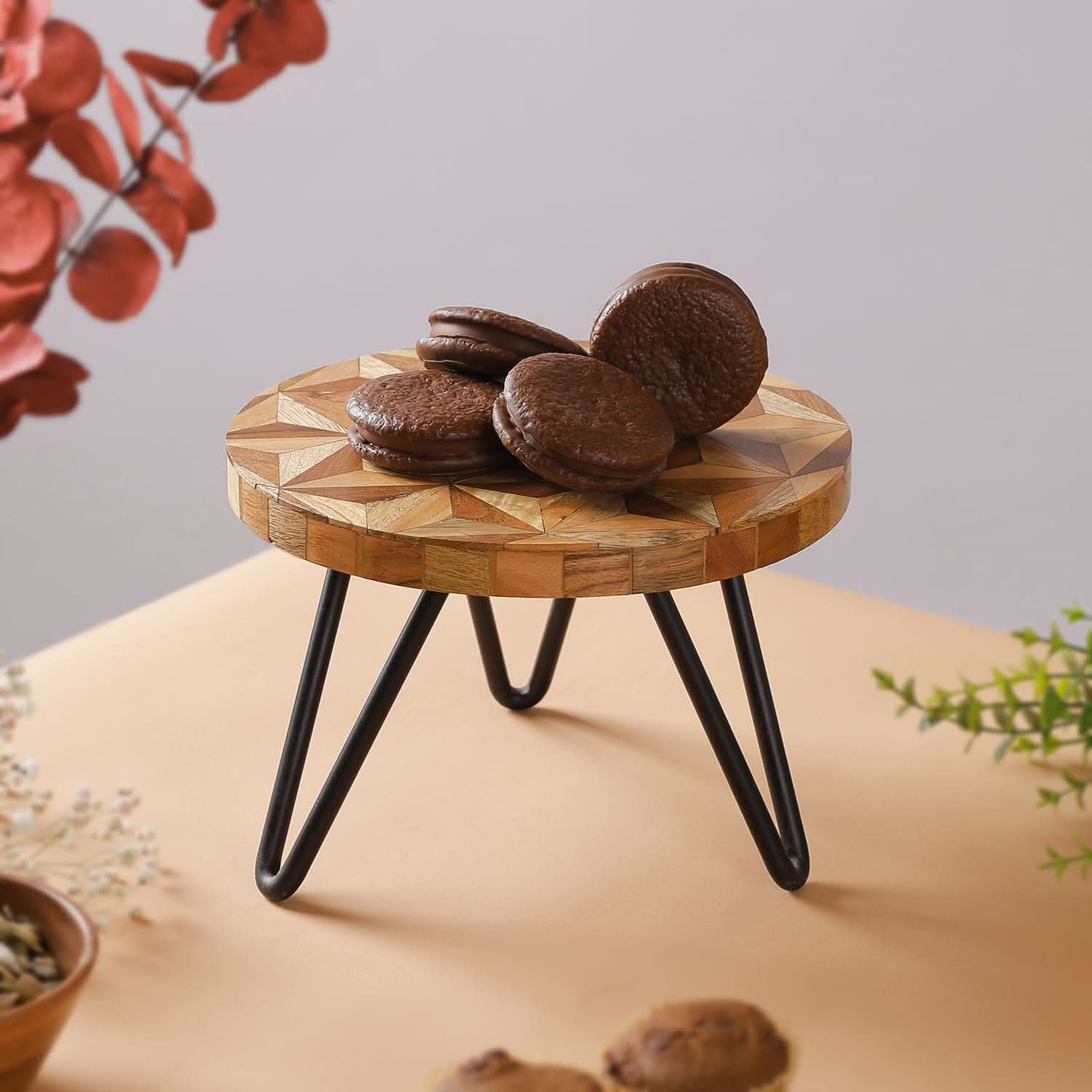 Geometrical Abstract Wood & Metal Pizza Cake Stand