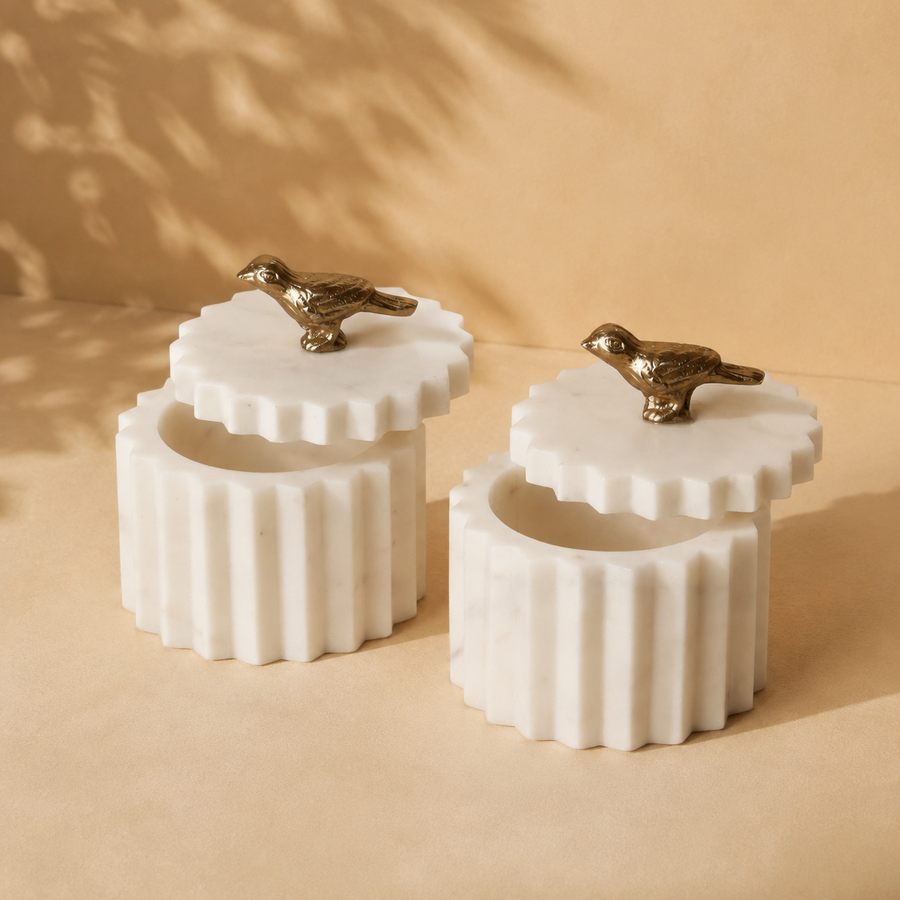 Fluted White Marble Decorative Storage Box with Antique Gold Bird Accent Lid Pack of 2