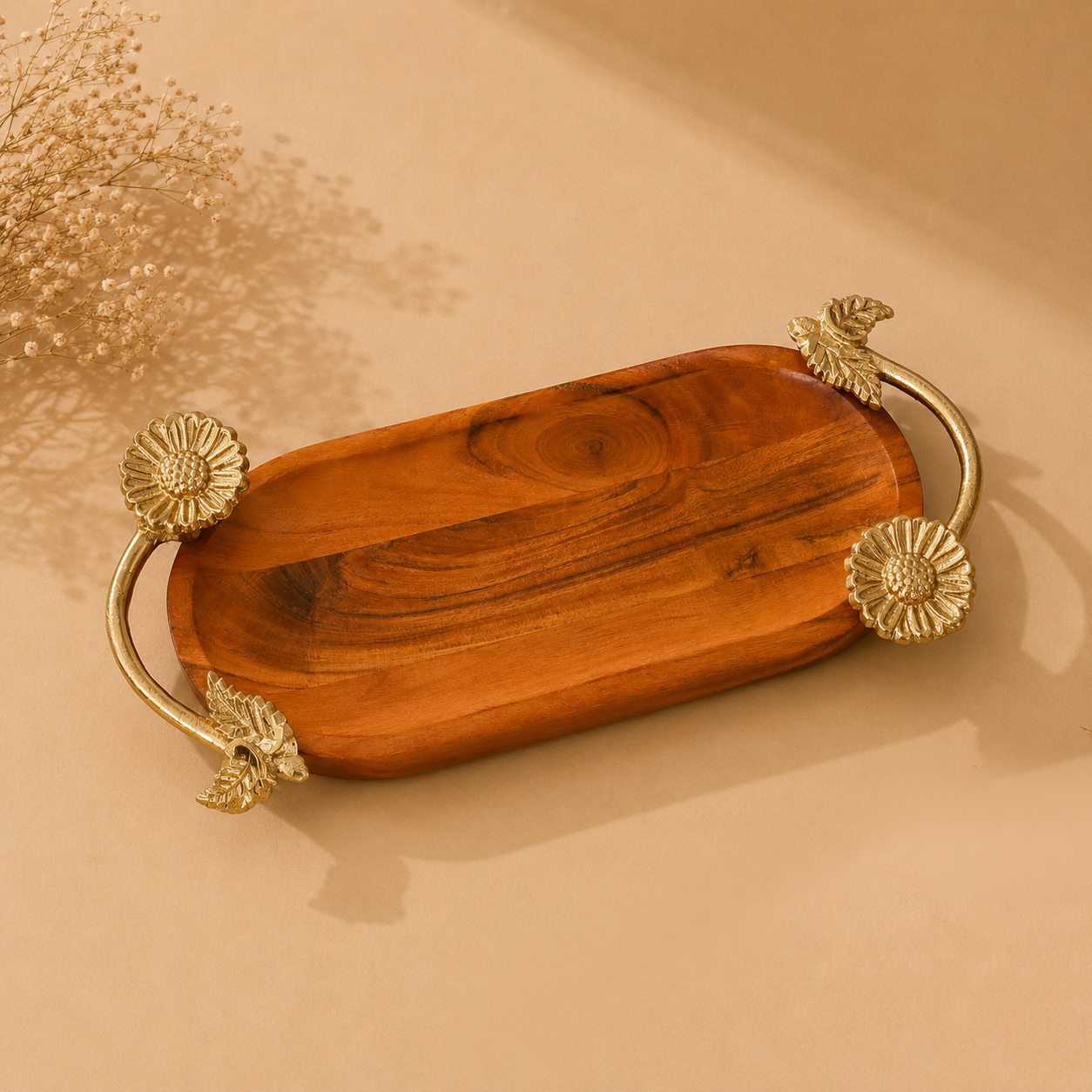 Sunflower Wooden Serving Tray with Brass Handles | Handcrafted Acacia Wood Table Décor