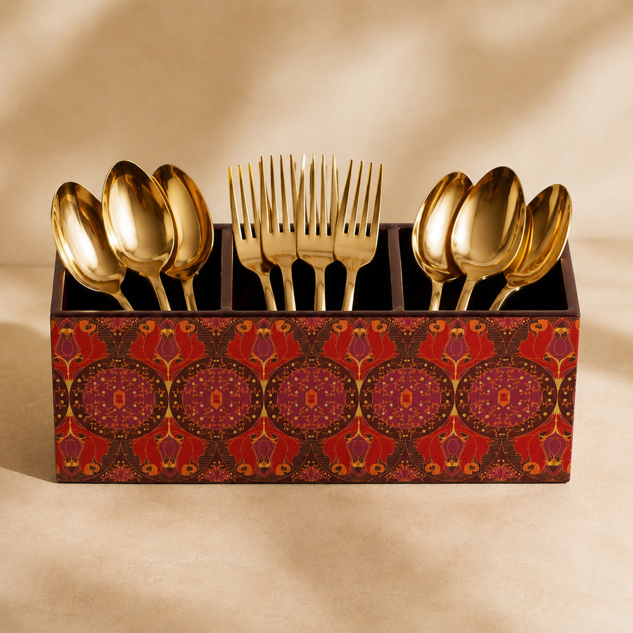 Arc & Petal Floral Print Wooden Cutlery Caddy | 3-Compartment Kitchen Organizer & Table Caddy