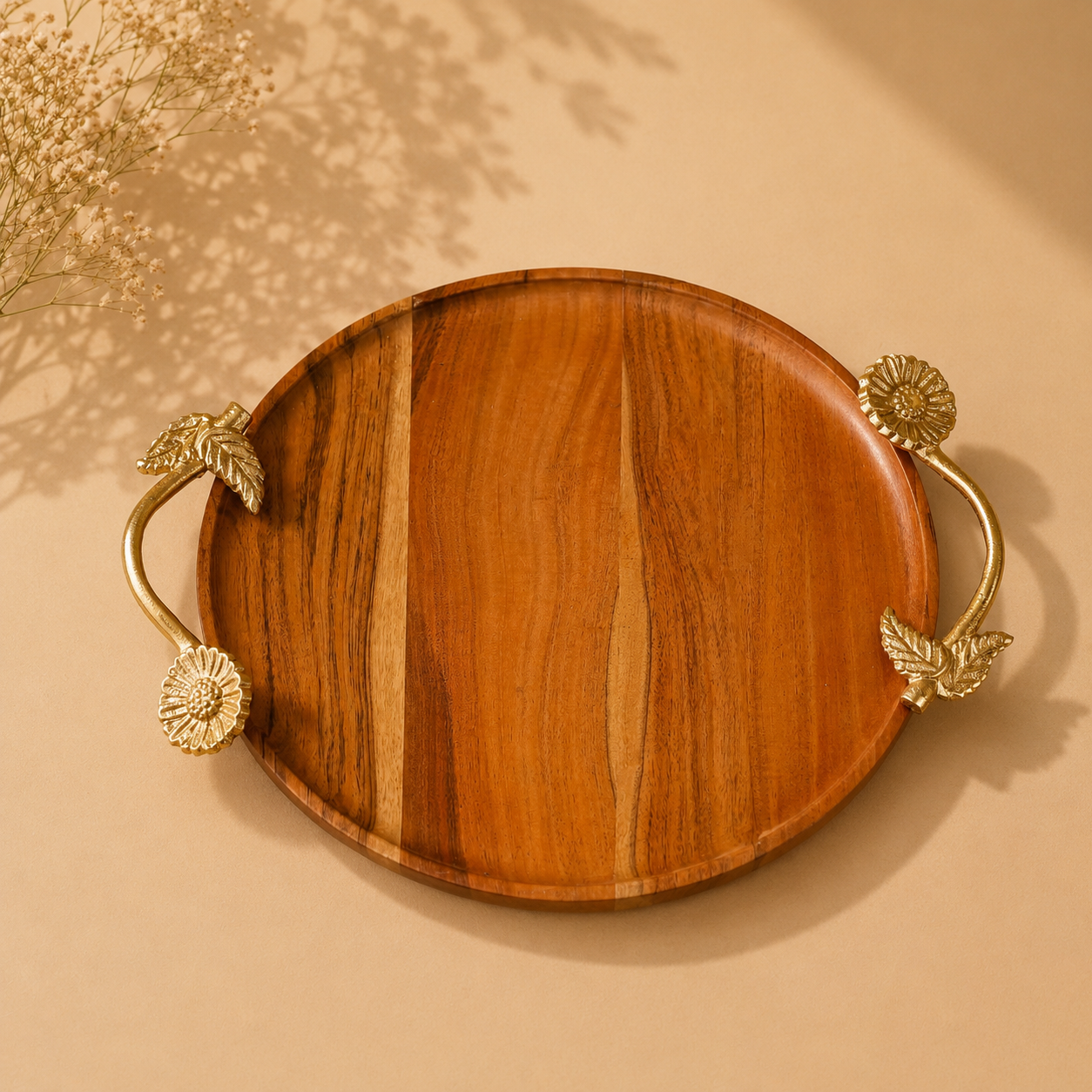Sunflower Round Wooden Serving Tray with Brass Handles | Handcrafted Acacia Wood Table Décor