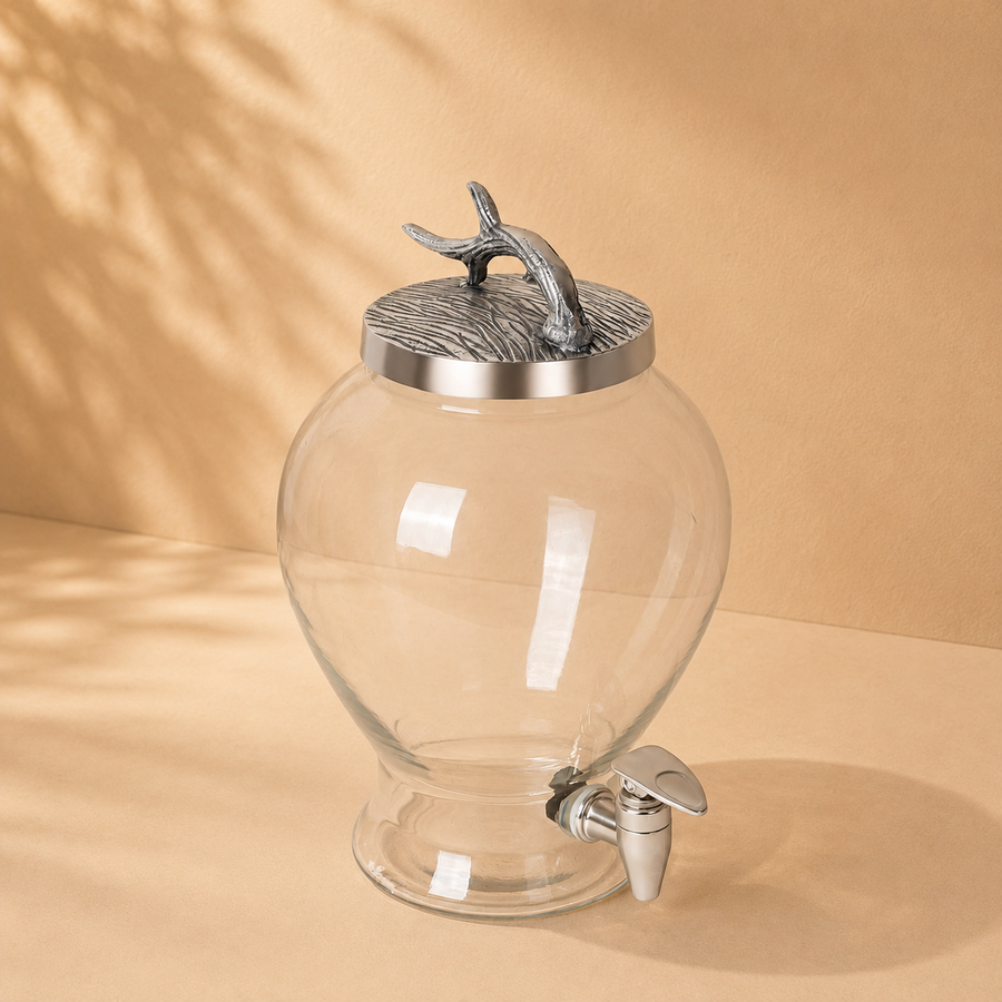 Glass Beverage Dispenser with Antler Lid for Table Hosting and Drink Serving