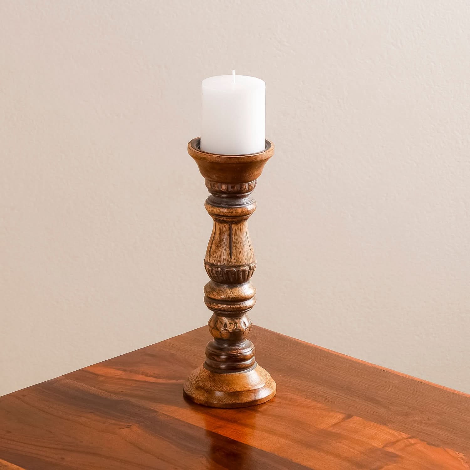 Handcrafted Wooden Pillar Candle Holder