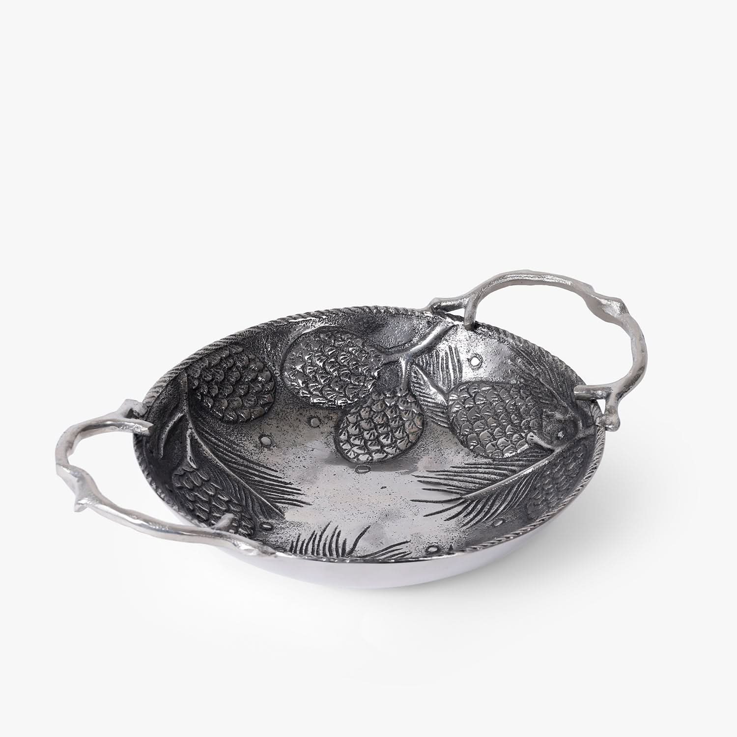 Silver Pinecone Serving Bowl with Handles | Decorative Metal Dining Bowl & Table Accent