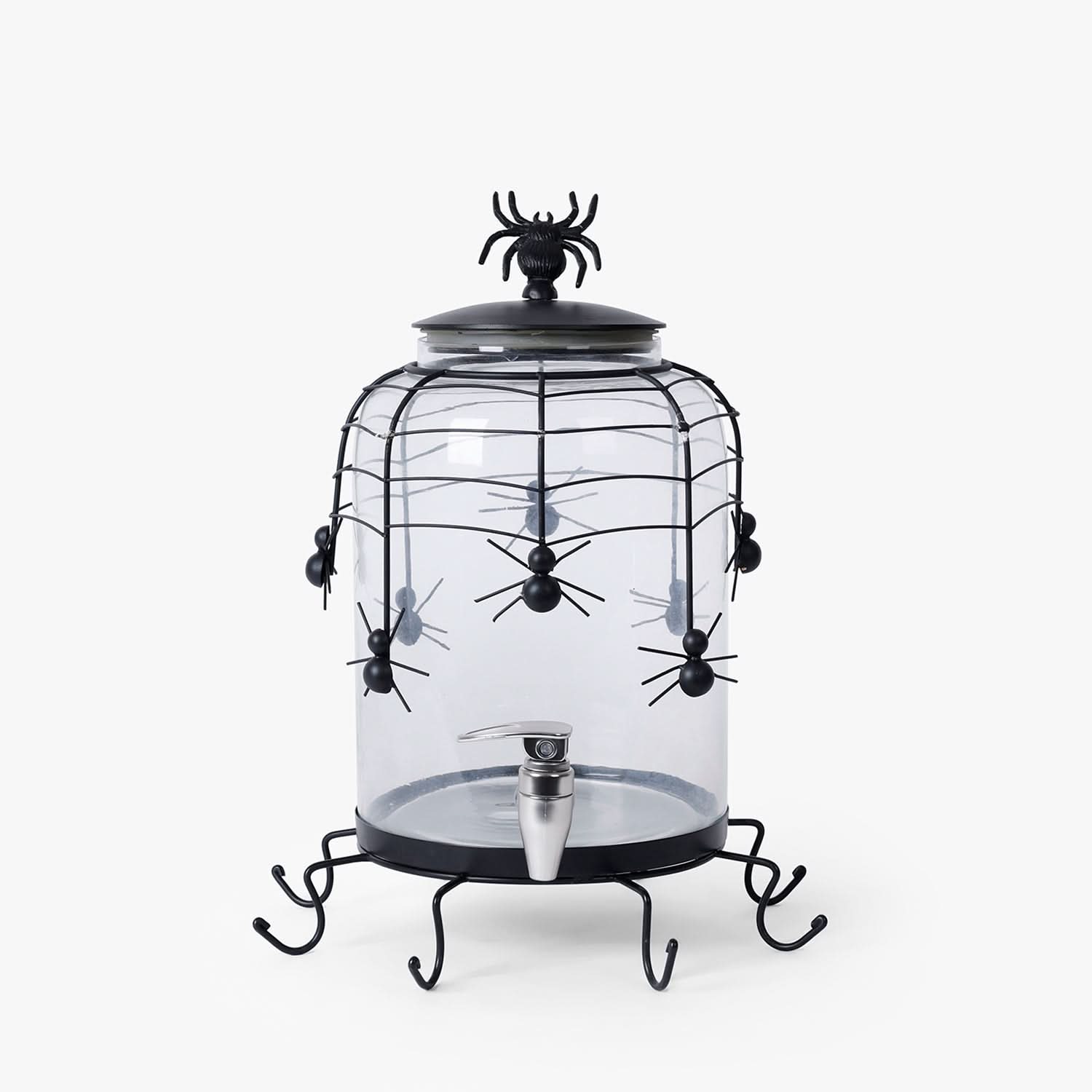 Spider Metal & Glass Beverage Dispenser with Tap | Halloween Party Drink Jar & Table Decor