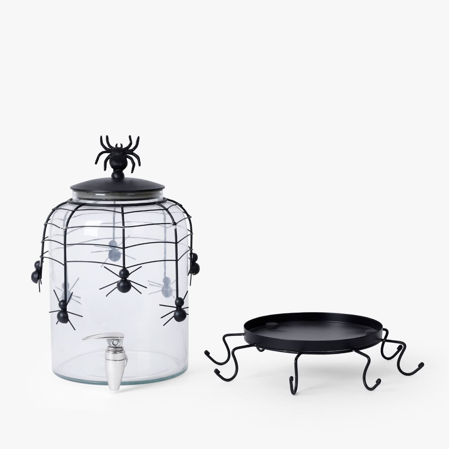 Spider Metal & Glass Beverage Dispenser with Tap | Halloween Party Drink Jar & Table Decor