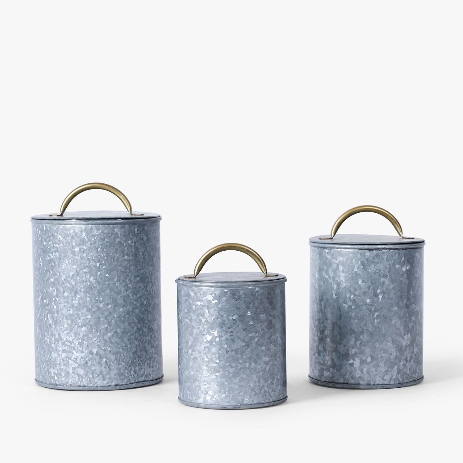 Galvanised Metal Storage Canisters Set of 3 with Lids & Brass Handles | Nesting Kitchen Pantry Containers