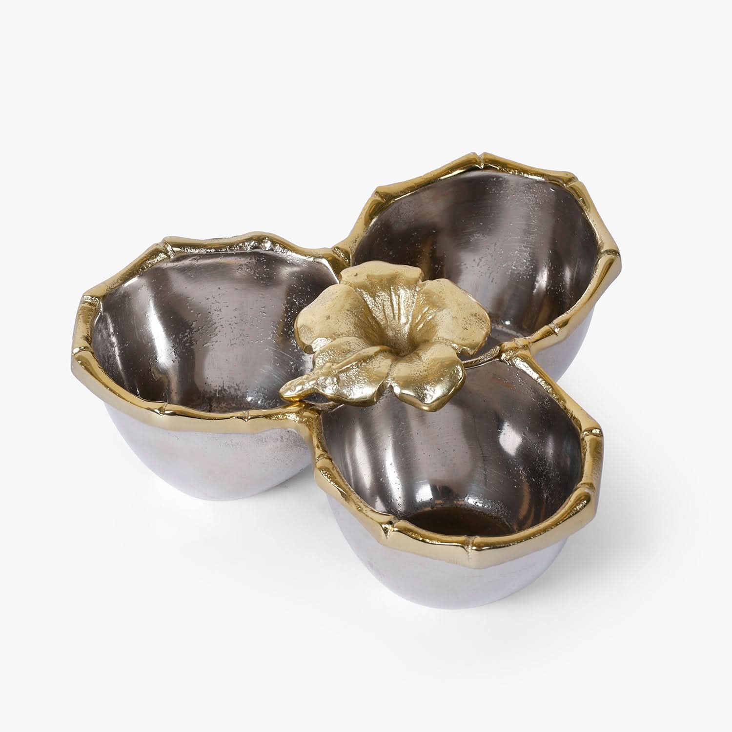 Floral 3 Section Metal Serving Bowl for Dry Fruits, Snacks and Table Decor