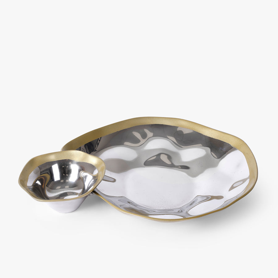 Metal Serving Platter with Dip Bowl for Table Decor and Snack Serving