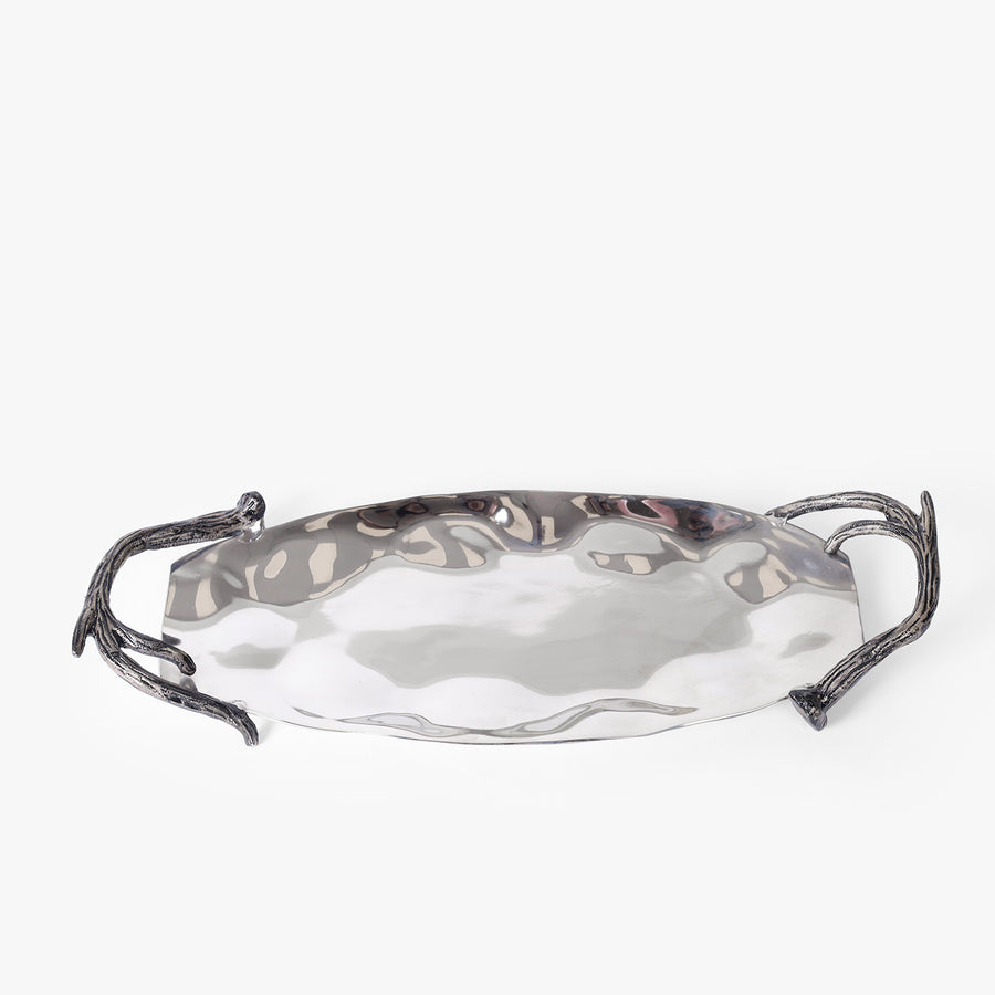 Metal Serving Tray with Branch Handles for Table Decor and Hosting
