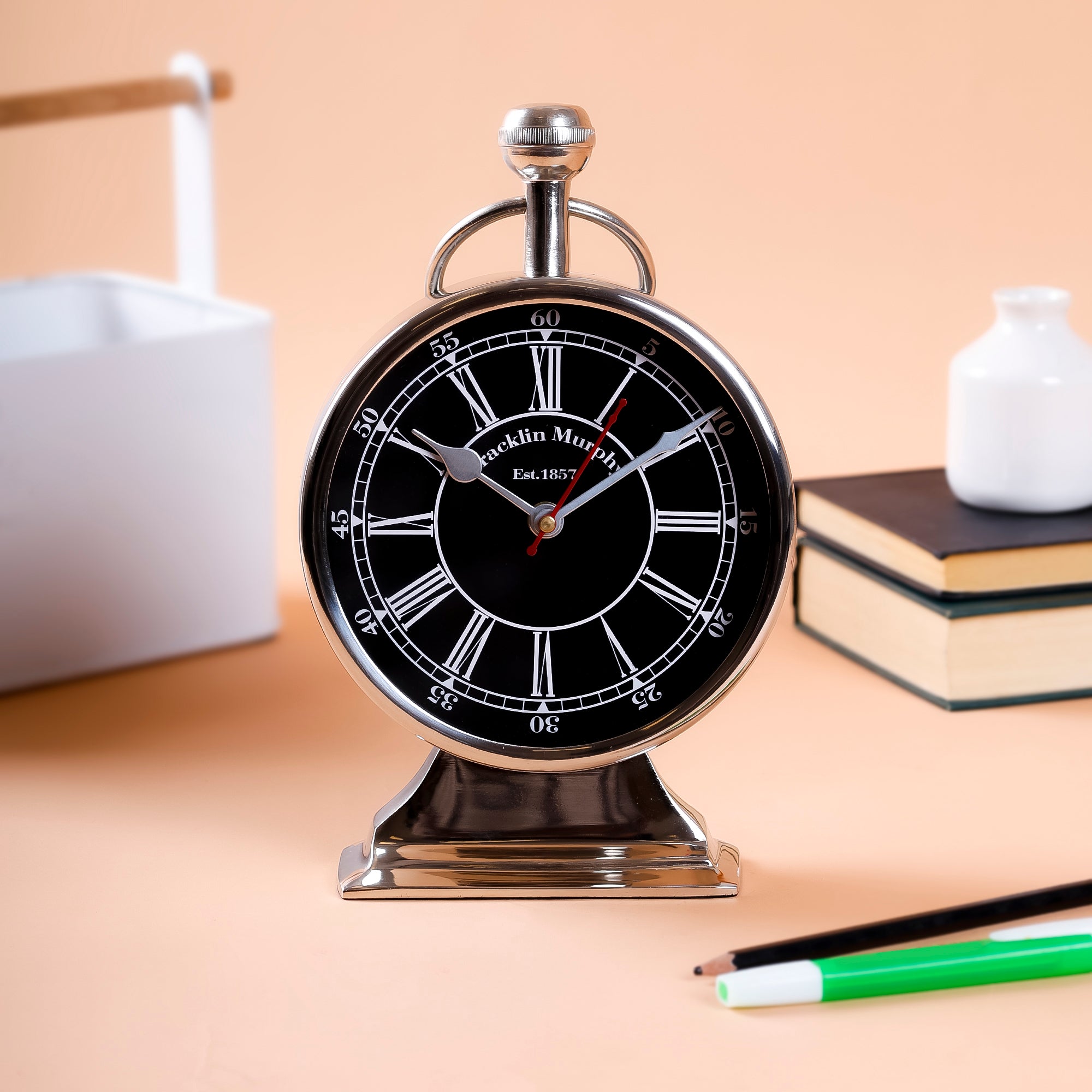 Black Dial Vintage Table Clock with Silver Frame for Desk