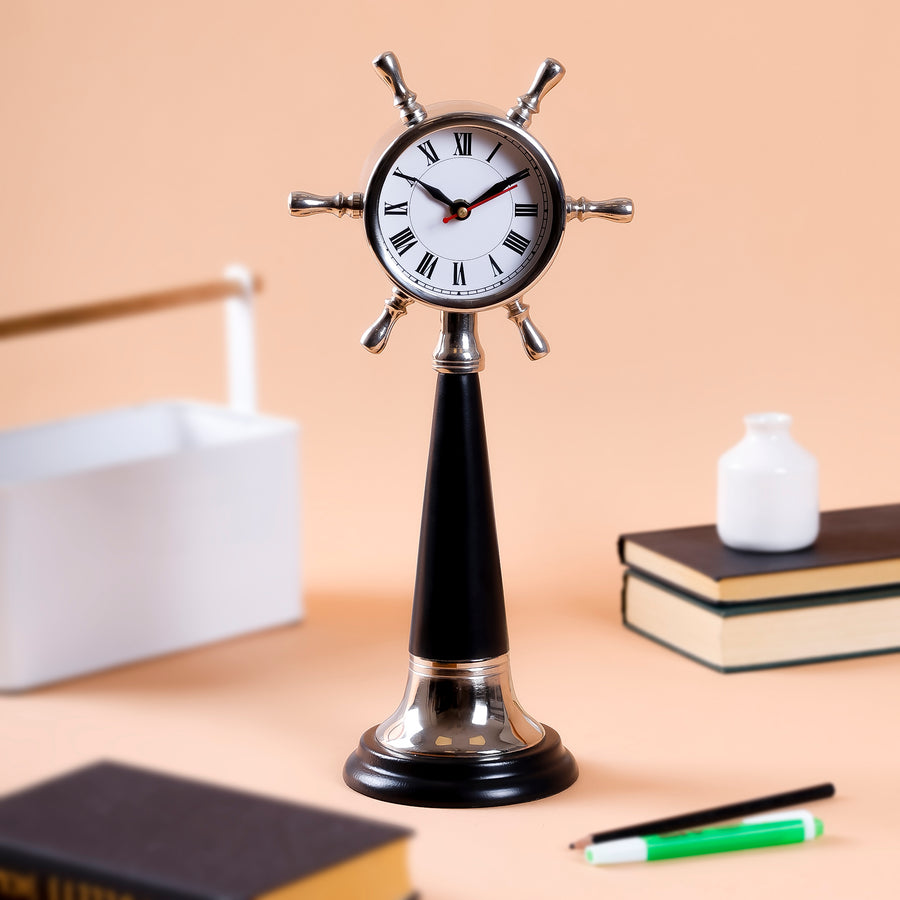 Ship Wheel Table Clock, 4.5 x 7 x 14.5 Inch, Vintage Nautical Desk Clock for Tabletop
