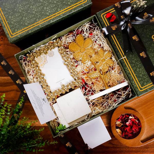 Luxury Diwali Gift Box with Golden Photo Frame, Flower Accent & Marble Coasters