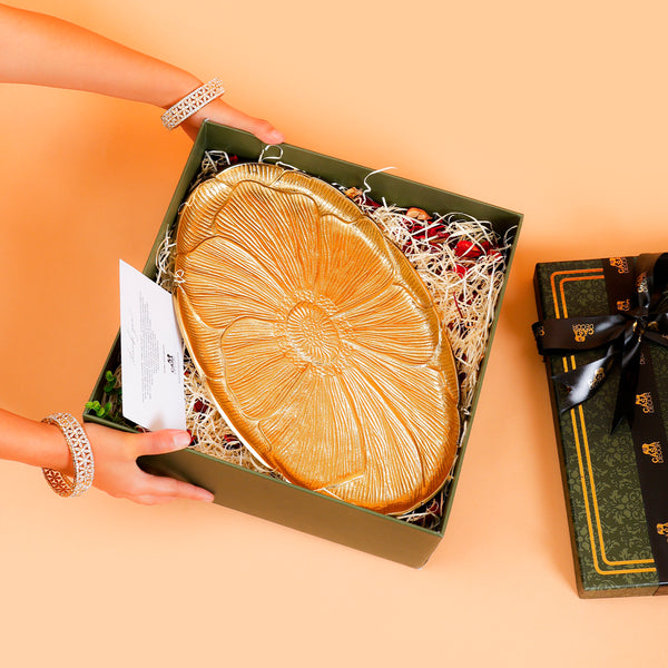 Golden Floral Serving Tray – Decorative Metal Platter for Home & Gifting