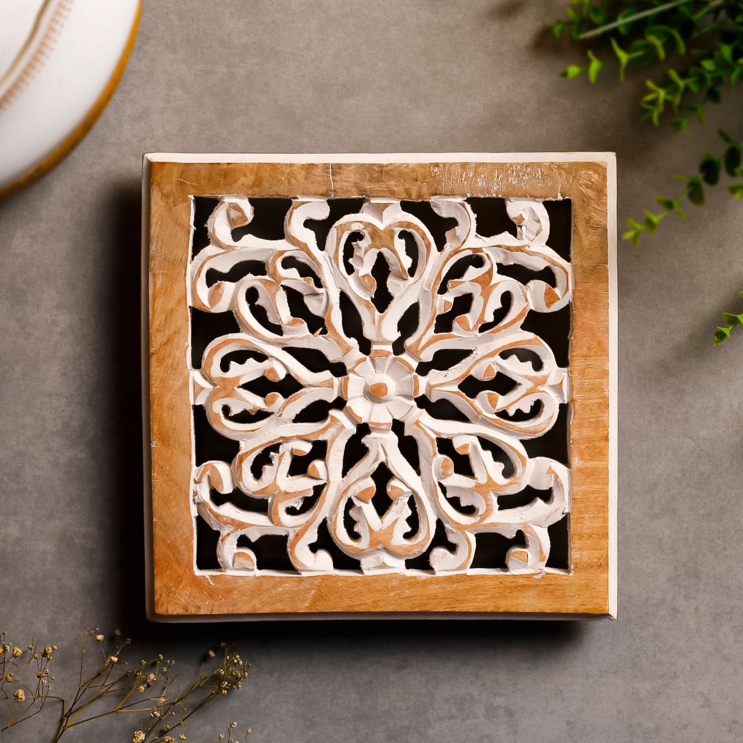 Square Whitewashed Carved Wooden Trivet