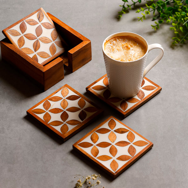 Floral Inlay Resin Coaster Set with Caddy
