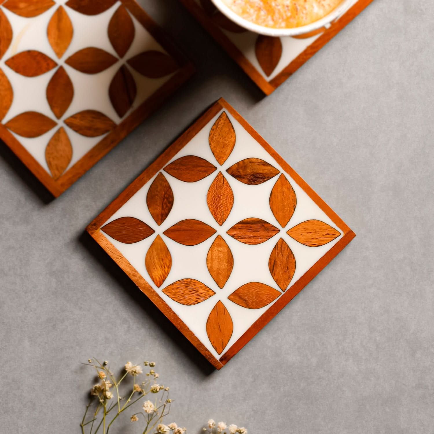 Floral Inlay Resin Coaster Set with Caddy