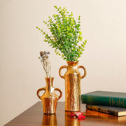 Gold Textured Dual-Handle Metal Vase- Set of 2