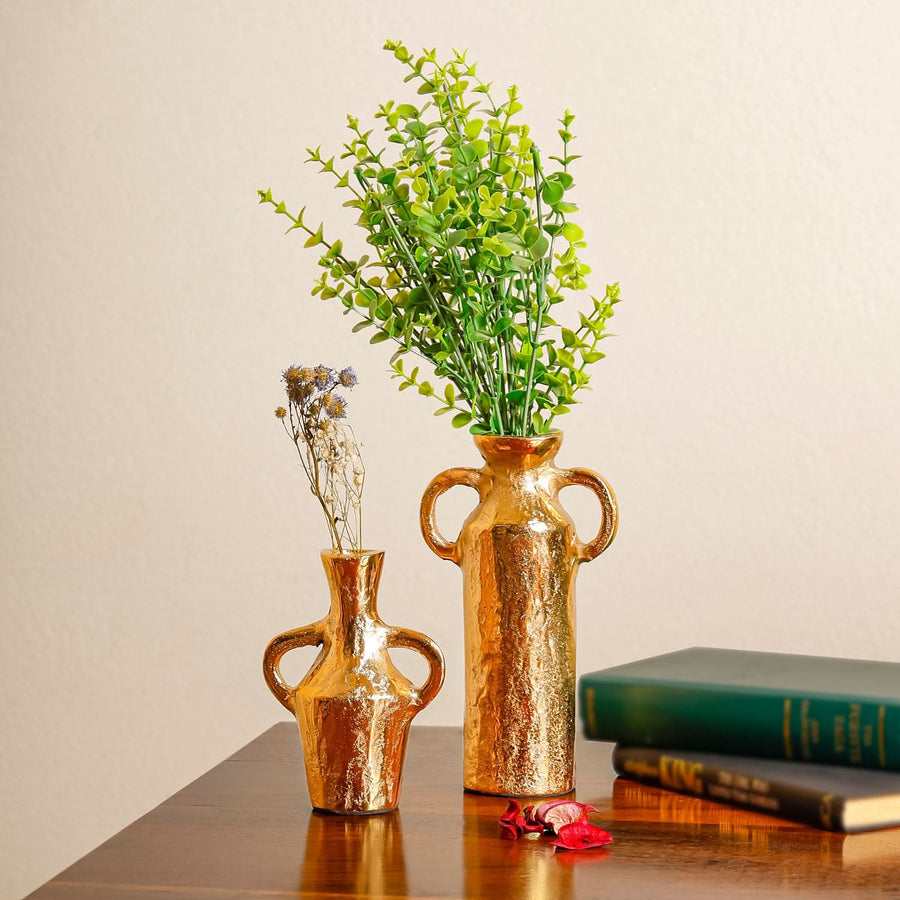 Gold Textured Dual-Handle Metal Vase- Set of 2