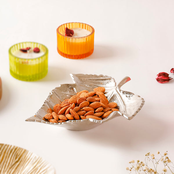 Leaf-Shaped Silver Metal Tray