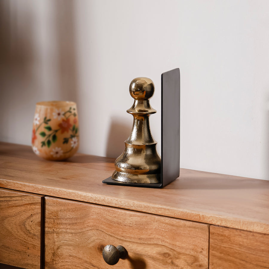 Gold Chess Pawn Bookend with Black Metal Base for Bookshelf