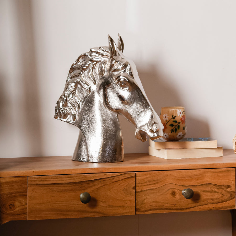Silver Aluminium Horse Head Figurine Showpiece for Tabletop