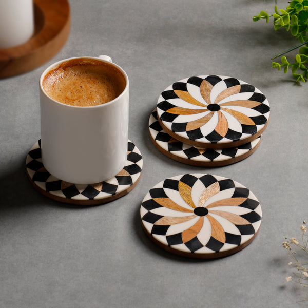 Black & White Floral Inlay Resin-Wood Round Coaster Set