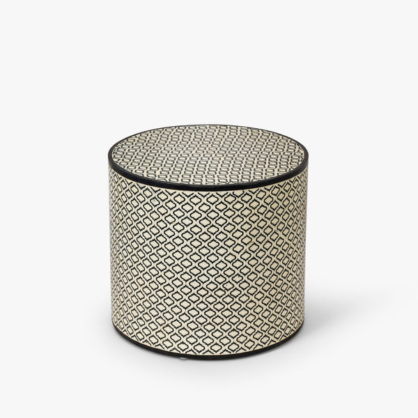 Handcrafted Bone Inlay Drum Side Table – Geometric Elegance