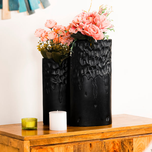 Set of 2- Black Abstract Textured Aluminium Vase Set for Home Decor