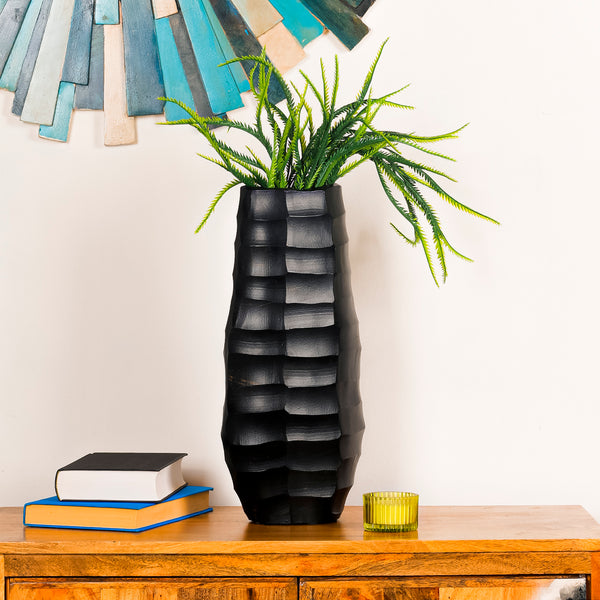 Black Geometric Textured Aluminium Vase for Modern Home Decor