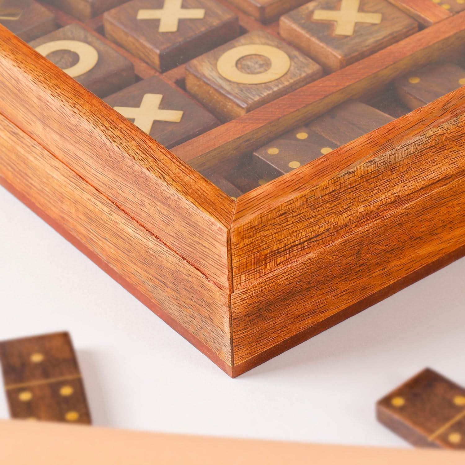 Wooden 4-in-1 Game Box with Glass Lid | Tic Tac Toe, Dice & Playing Cards Set for Home, Office & Gifting