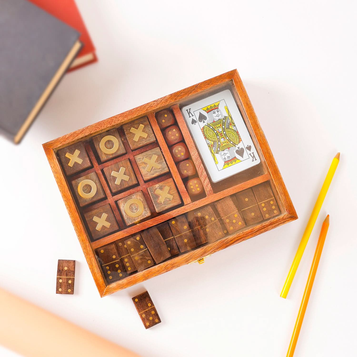 Wooden 4-in-1 Game Box with Glass Lid | Tic Tac Toe, Dice & Playing Ca ...