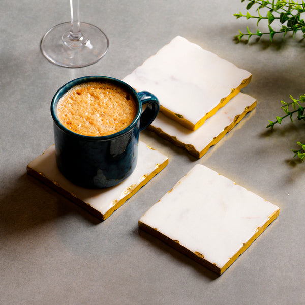 White Marble Square Coaster Set with Gold Edges