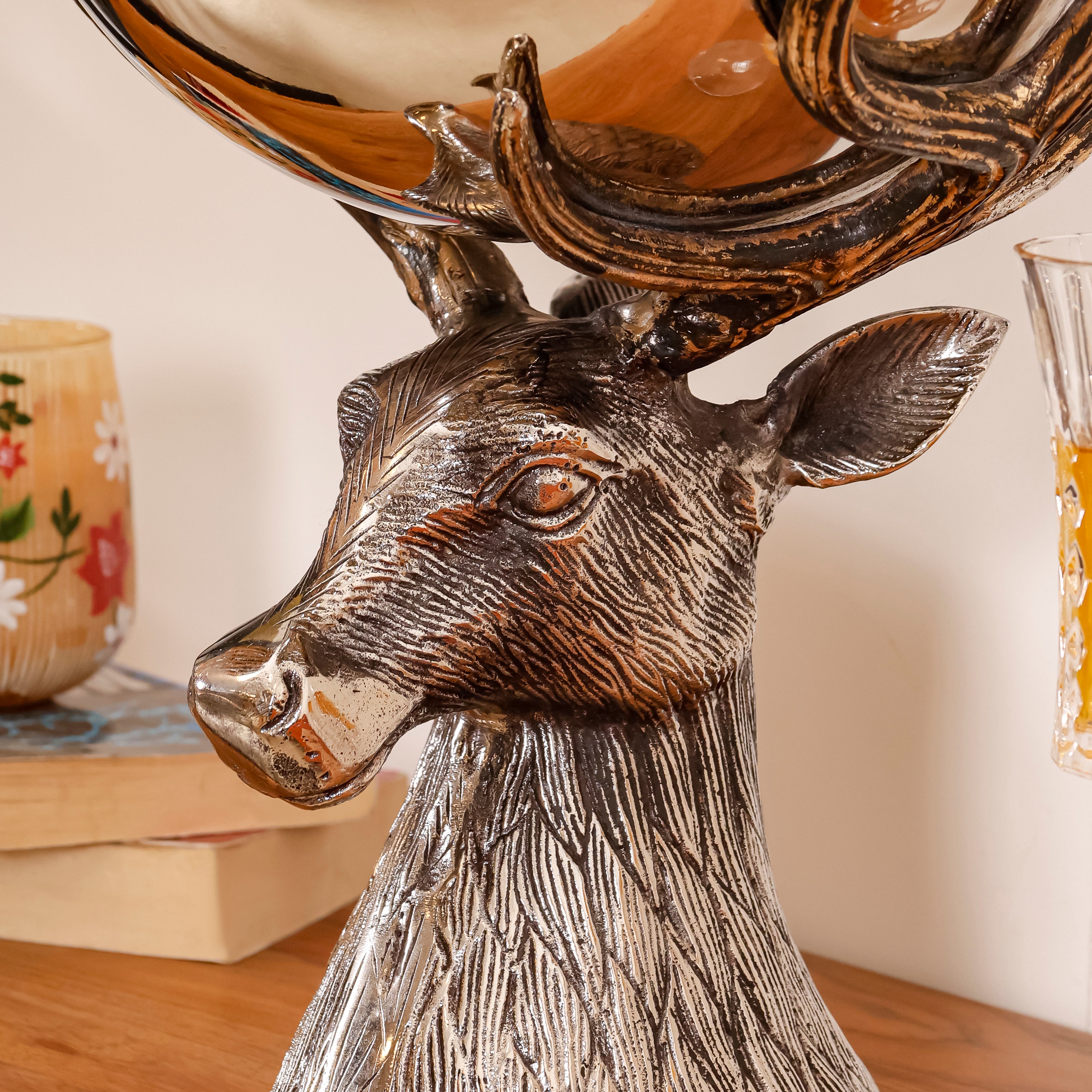 Stag Head Wine Chiller with Stainless Steel Ice Bucket and Decorative Antler Stand