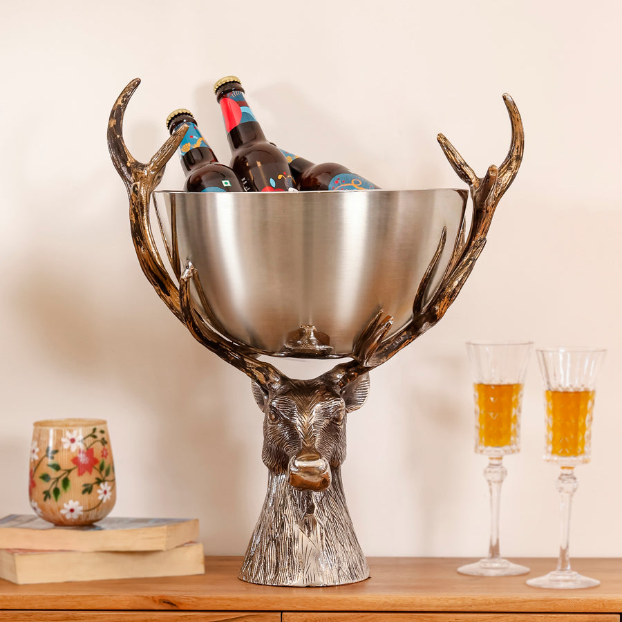 Stag Head Wine Chiller with Stainless Steel Ice Bucket and Decorative Antler Stand