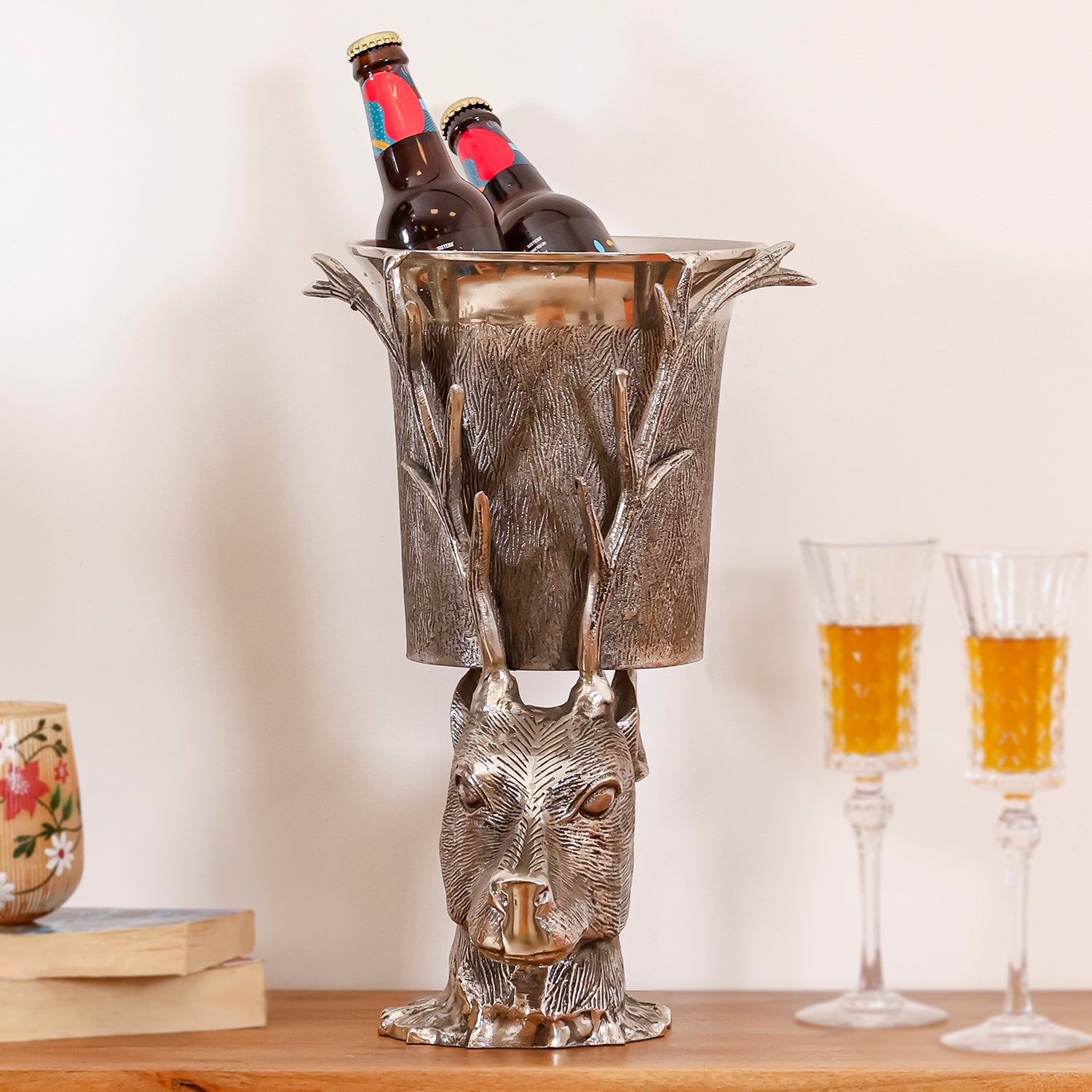 Stag Head Wine Chiller & Ice Bucket | Decorative Antler Bar Decor Bottle Cooler